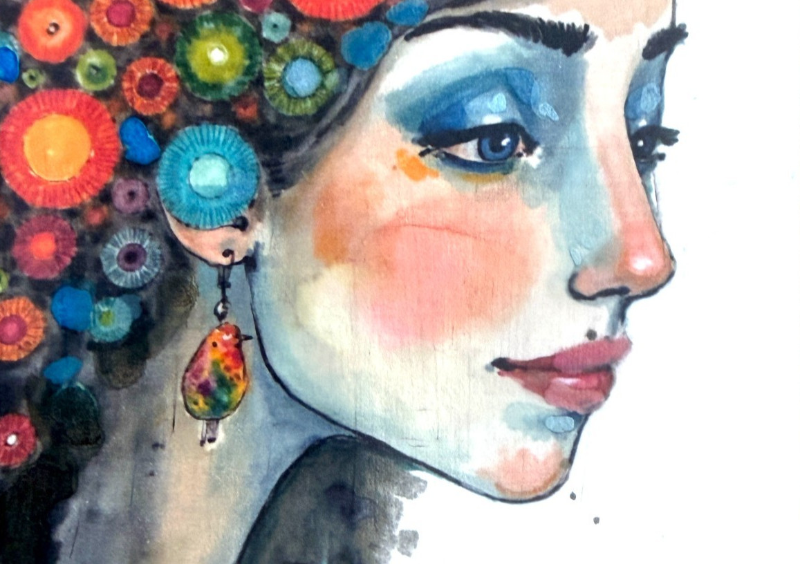 Original Profile Portrait ACEO Painting Woman Bird Earring Watercolor OOAK Minia