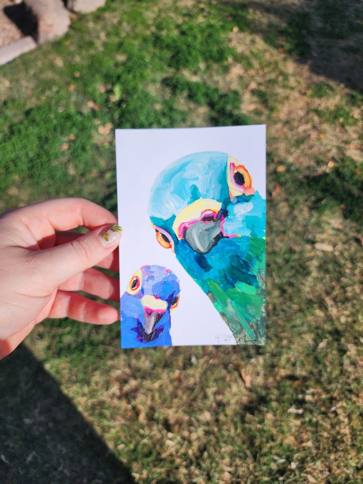 Original Art Piece Signed By Artist Pigeon «Nosy» Mini Small Painting Vibrant