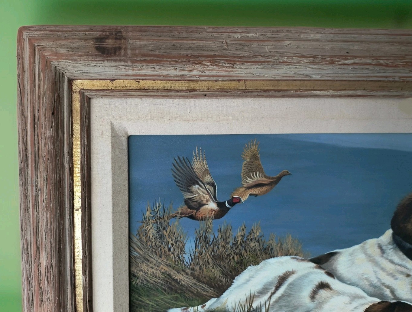 RON KLEIBER RESTING TIME Signed Acrylic Oil Painting, Hunting Dogs & Pheasants
