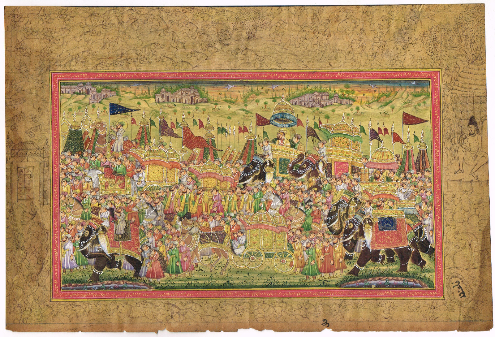 Indian Vintage Miniature Painting Of Mughal King Procession Art On Paper13x8.75″