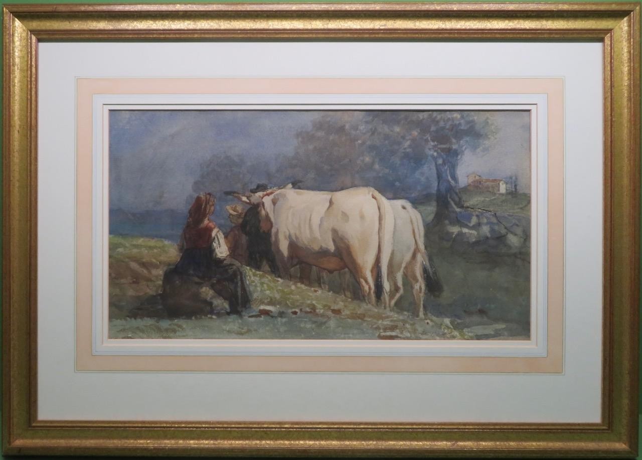 Quality Antique German / Austrian ? Watercolour «Peasant Woman With Oxen»