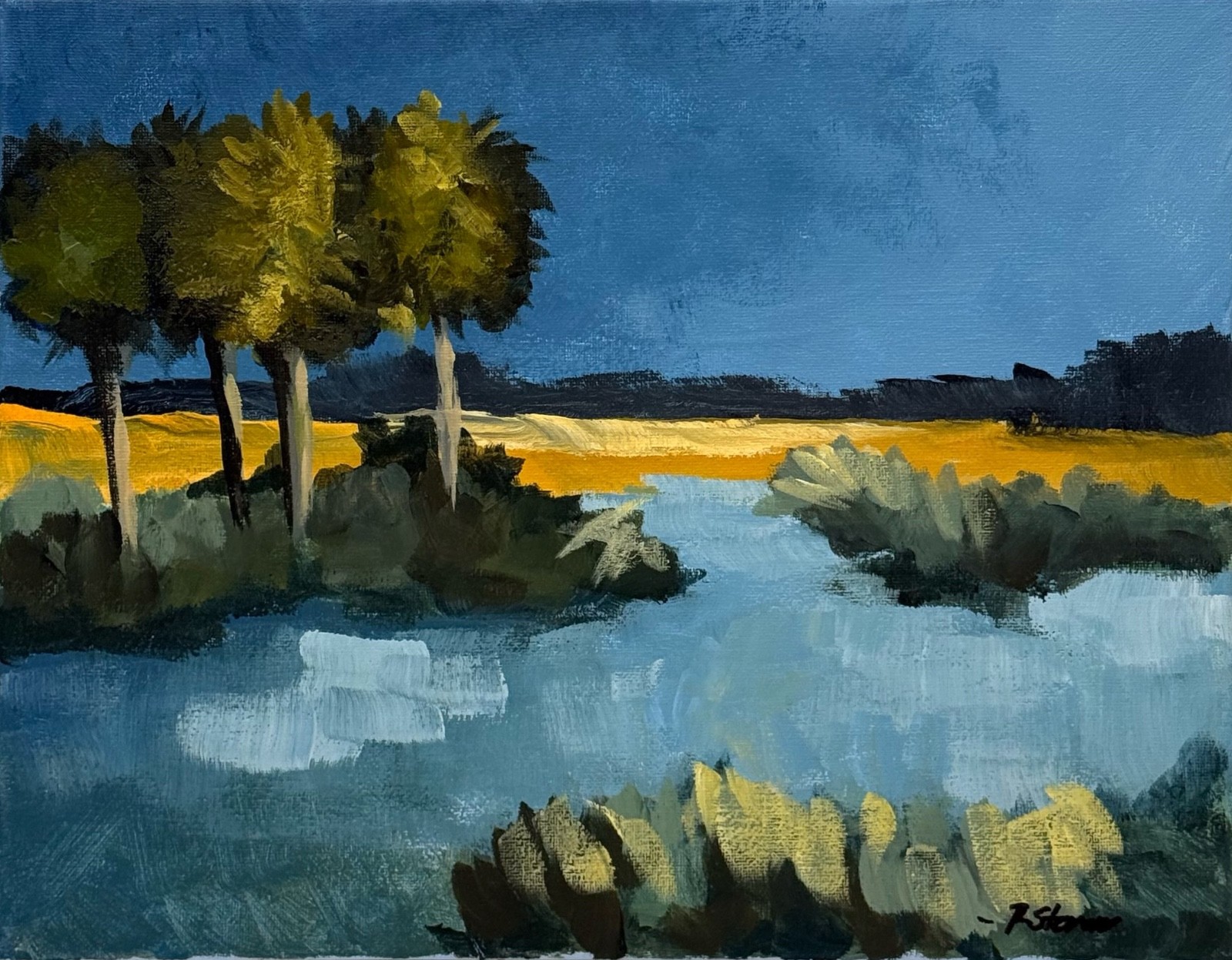 R Stevens Landscape Painting 11×14 Acrylic Marsh Trees Reflection