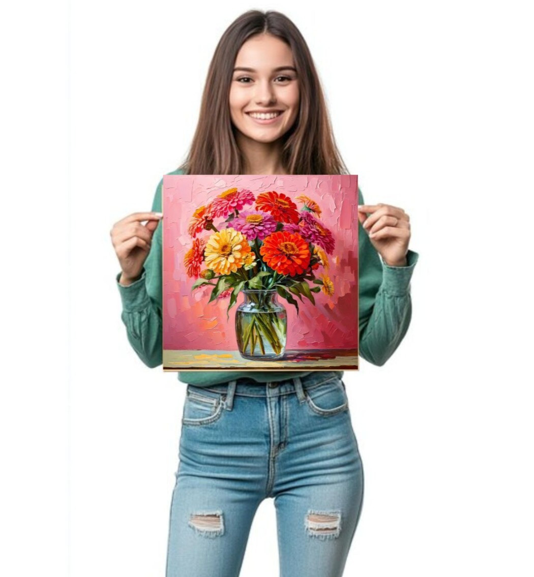 ORIGINAL Oil PAINTING on Canvas Zinnia Textured Art 12×12 in Custom Order