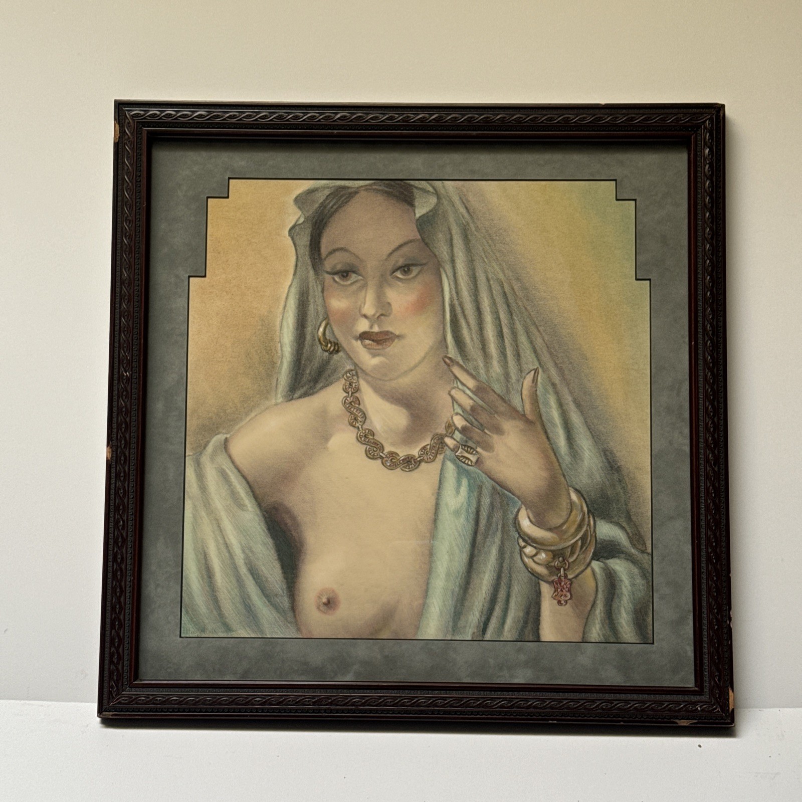 ART DECO DRAWING PRETTY WOMAN WOMEN FEMALE MODEL SIGNED MARSHALL MID CENTURY