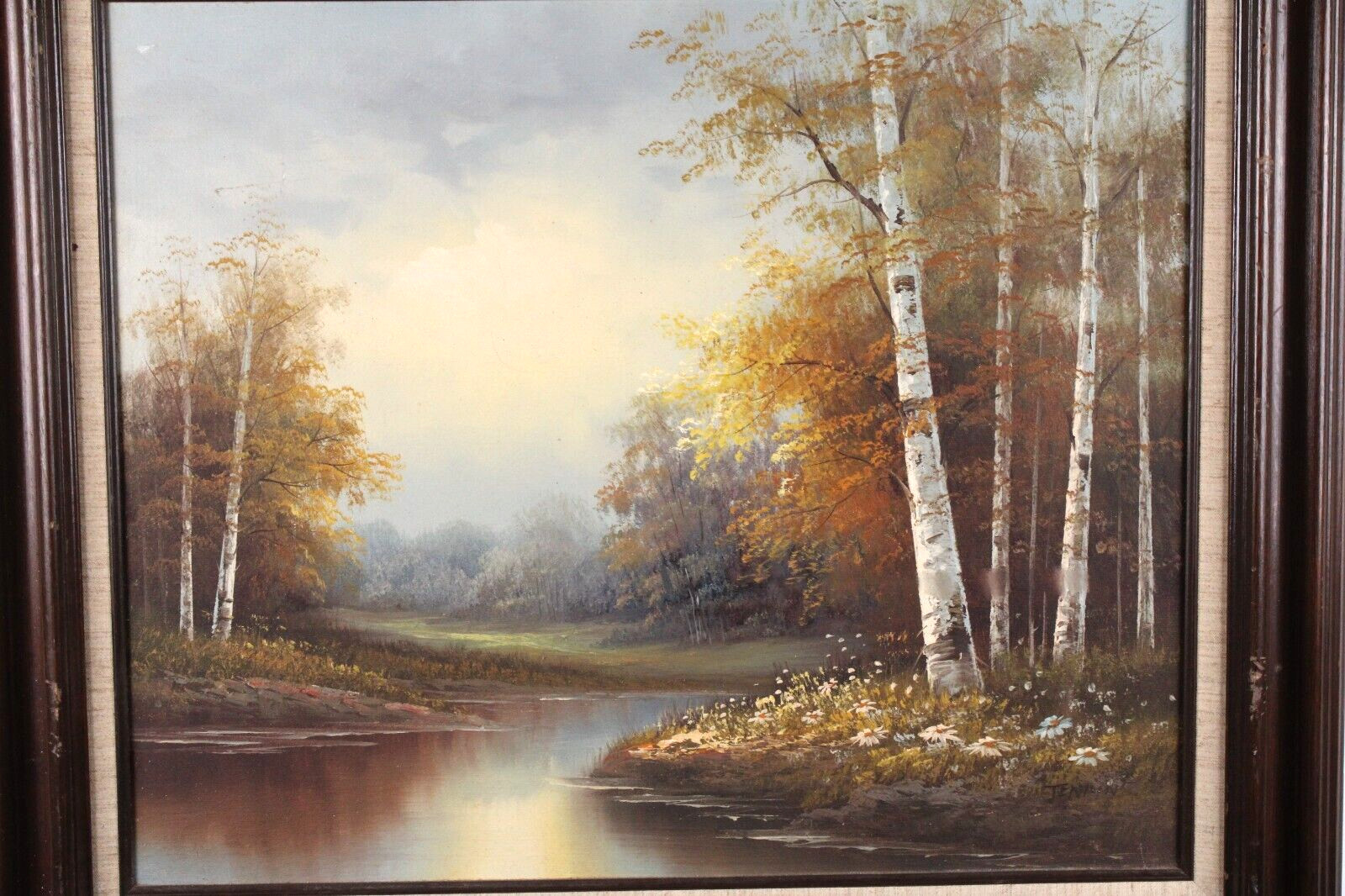 Vintage Forest Stream Landscape Scene Oil Painting On Canvas Signed Illegible