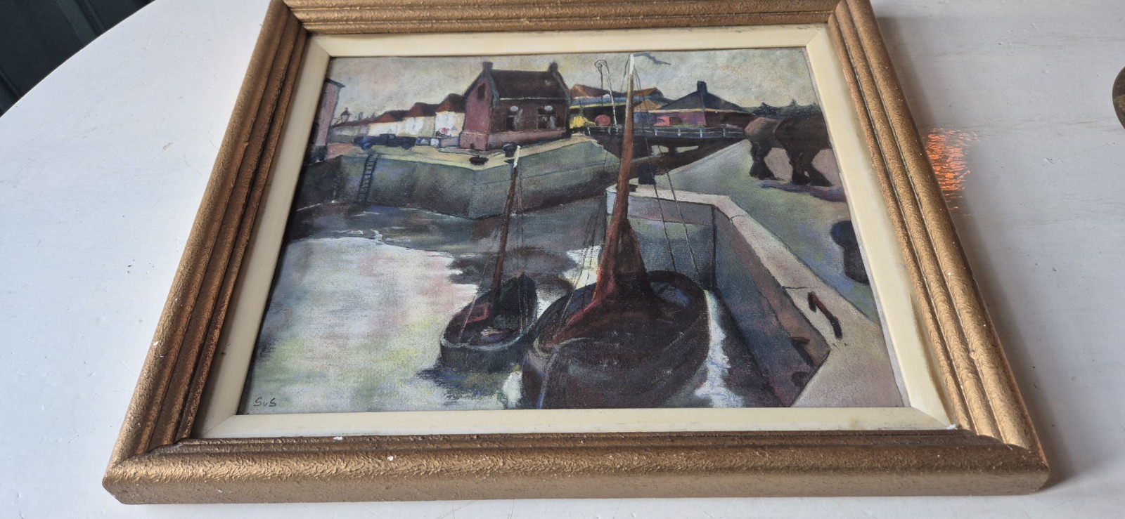 Dutch school, unknown modern painting, Village harbour & horses, 1950(?)