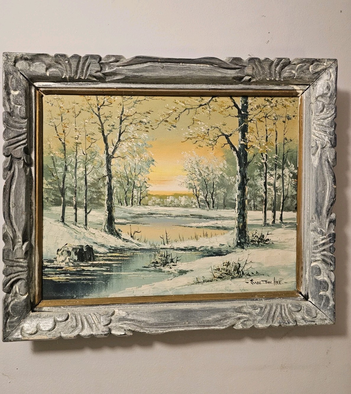Original oil painting, winter snow landscape Scene, Signed, Suh Jin Hee
