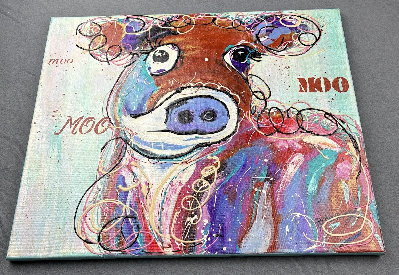 Original Cow Painting “Daffodil” 16×18 Created in 2016 Mixed Media