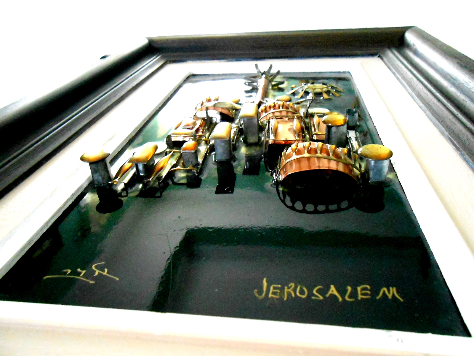 Mid Cent Mixed Media Art Painting Copper Enamel 3D Jerusalem Avi Akshuta