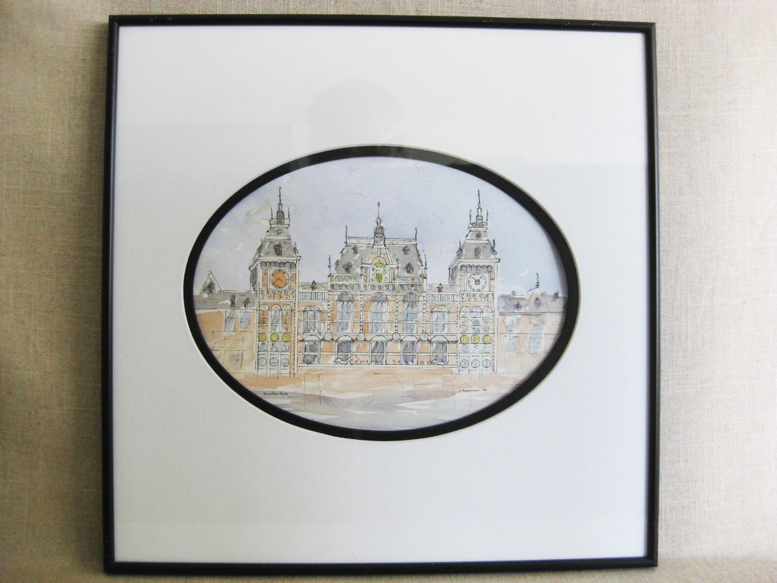 Architectural Watercolor Painting Framed Original Central Station Amsterdam