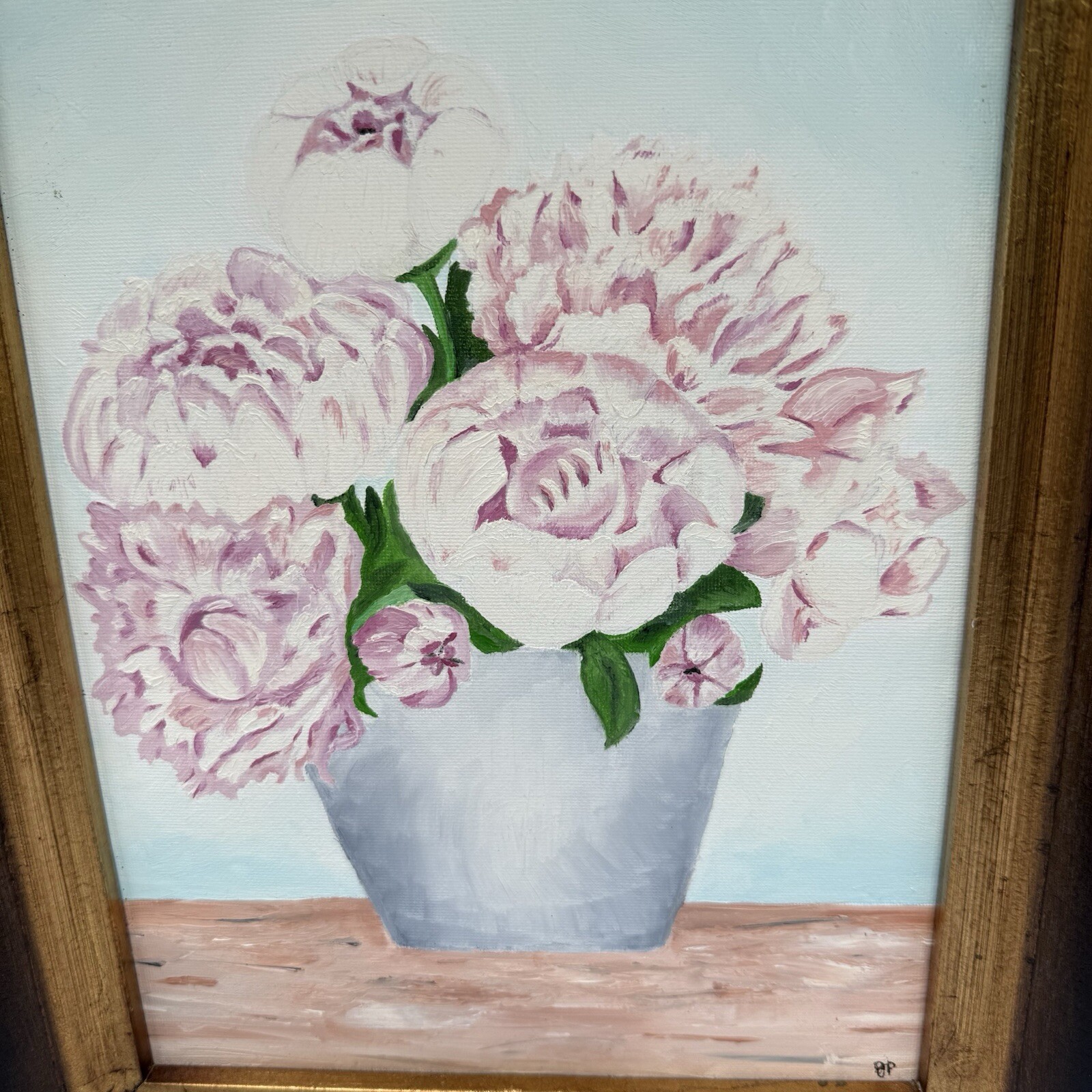 Original Painting of Peonies In Vase Signed 8.5×11.5 Framed 14.5×17.5