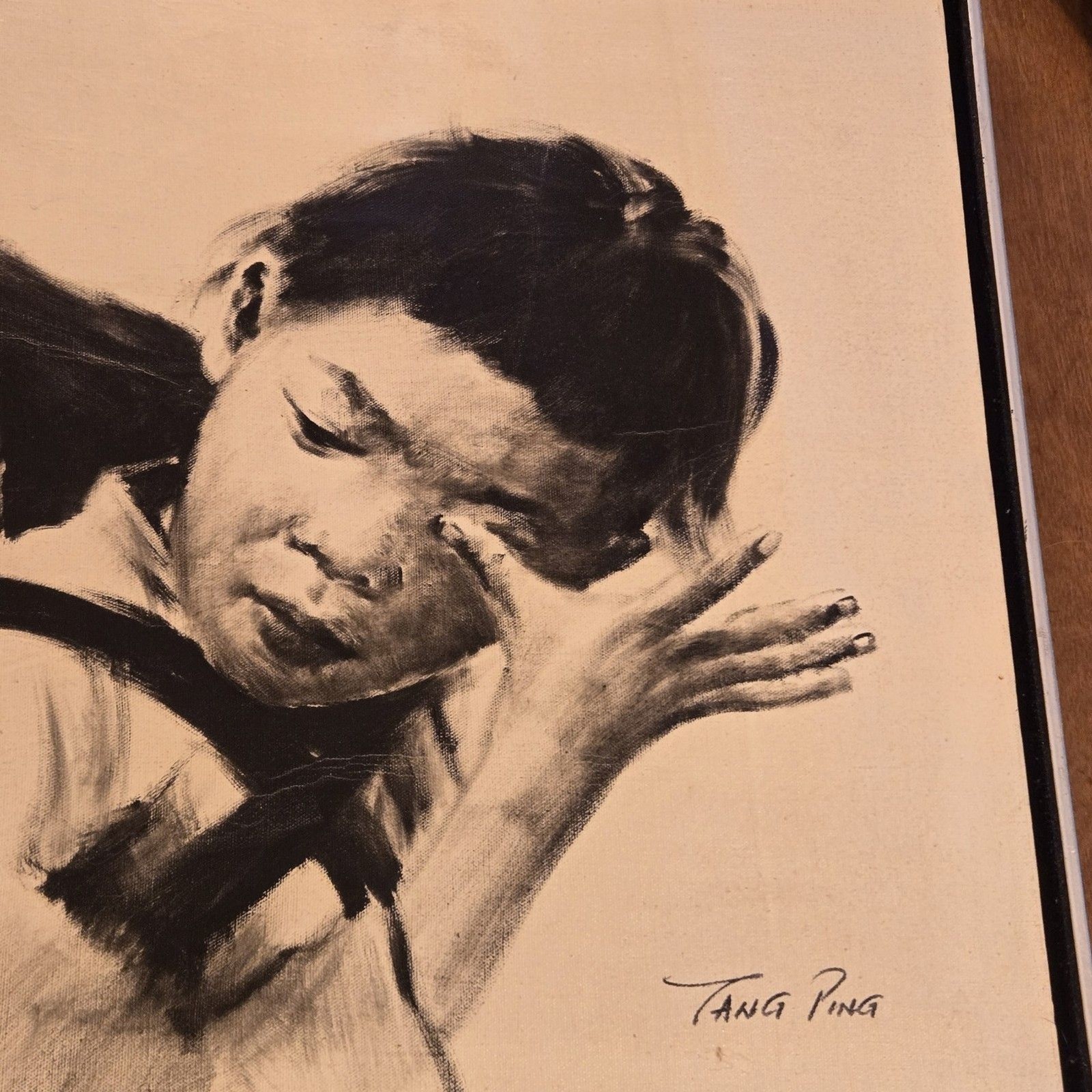 Vintage Tang Ping Original Asian Art Painting Children Framed Signed, 25 X 19