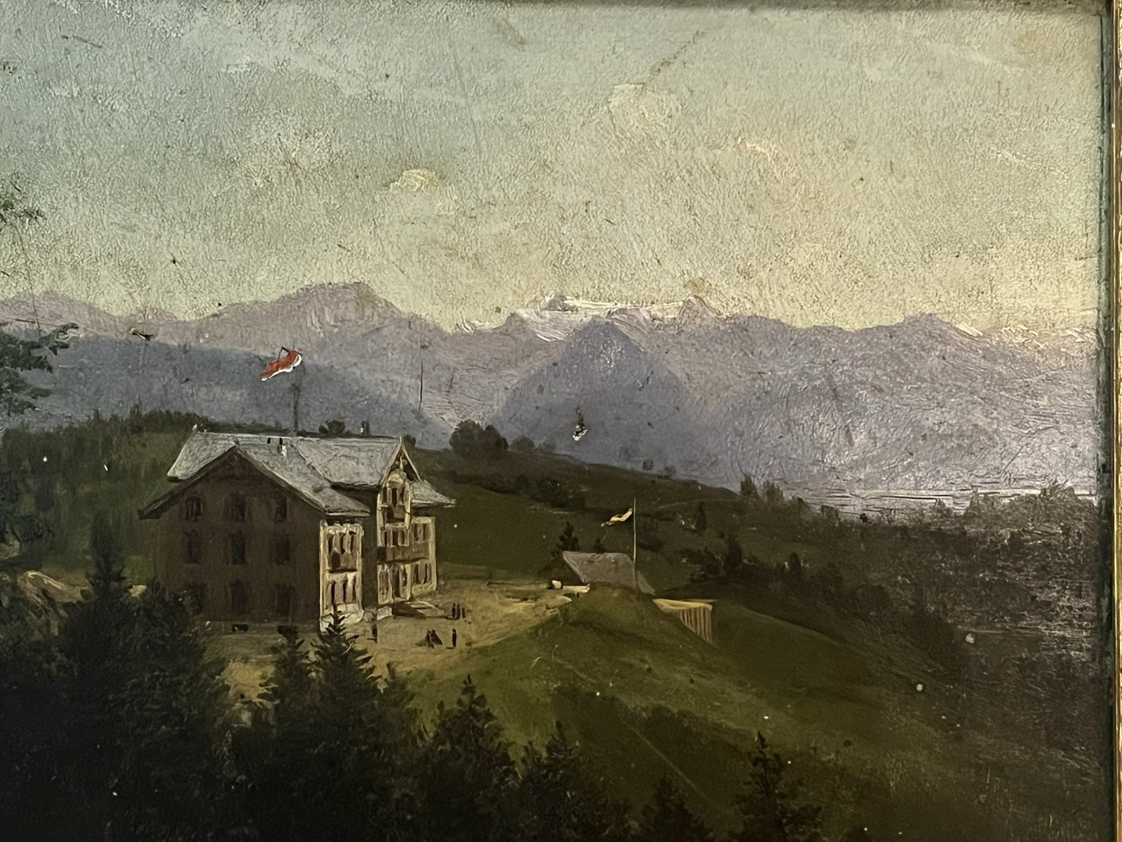 Painting Mountain Landscape with House and Flag Signed A. Schönberger 1880