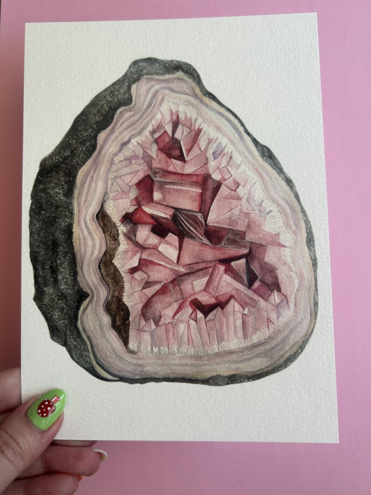 Art Print Sawyer Crane 5 x 7 Geode Pink Rose Quartz Amythyst Watercolor Painting