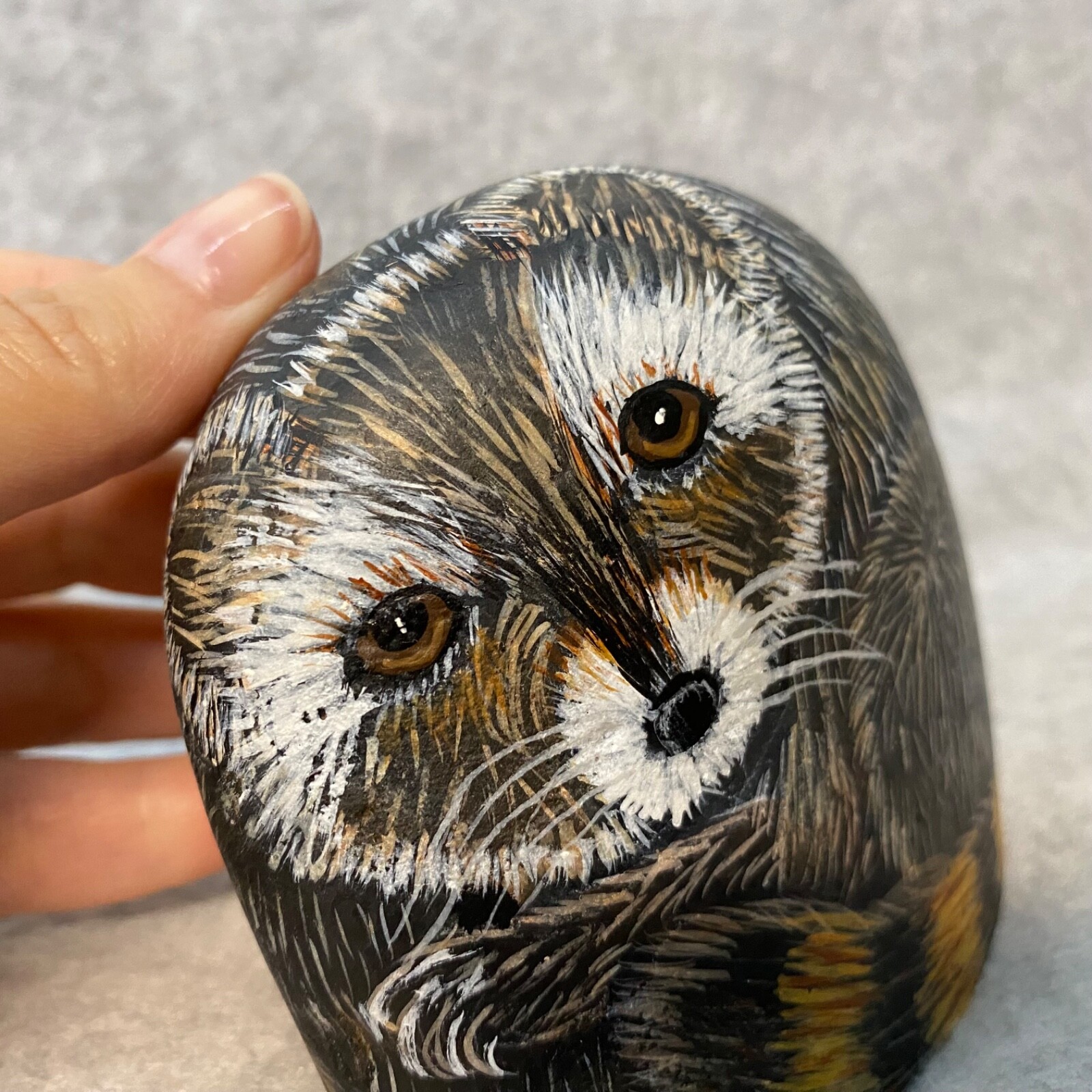 Realistic Handpainted Decorative Pet Rock Raccoon Natural Rock Stone Signed Teri