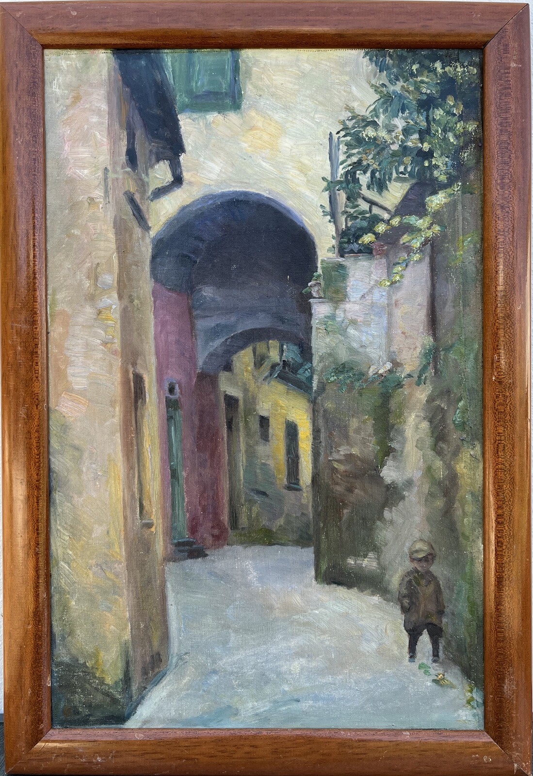 Unknown Impressionist Little Boy in an Old Town Alley Arch Flowers