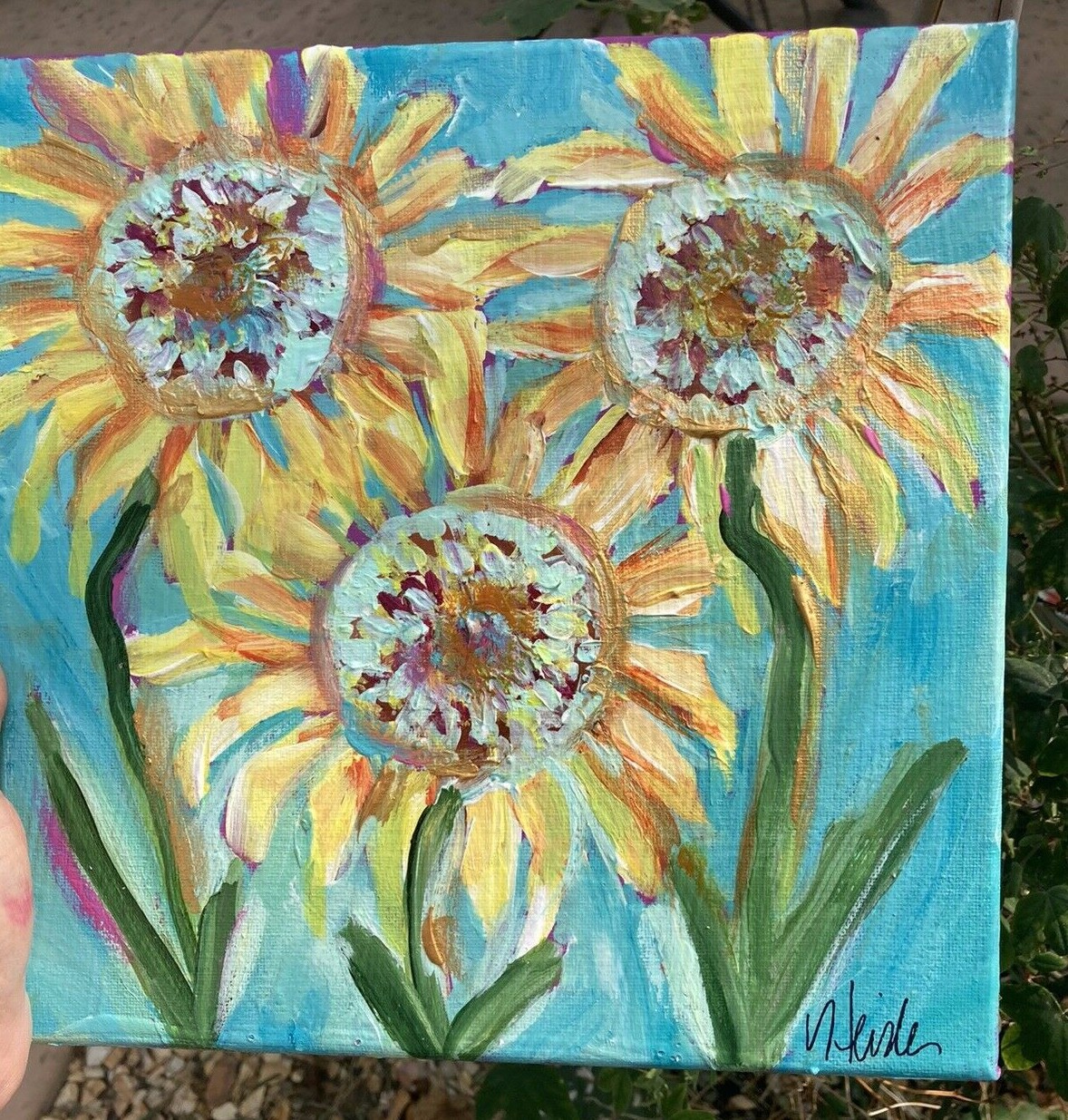 «Summer Sunflowers «on Mint Green Original Acrylic Painting 10”x10”Canvas