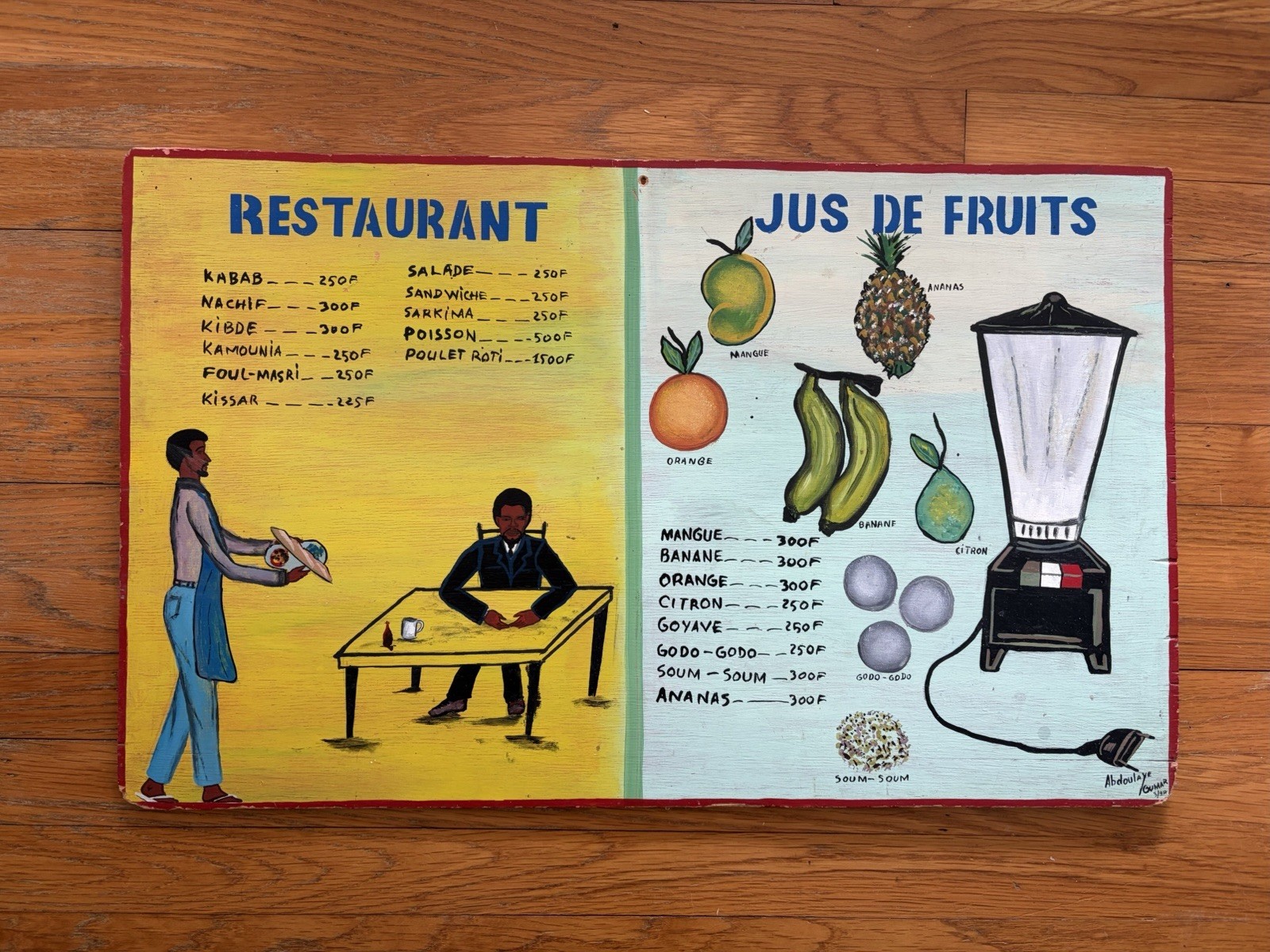 Vintage Handpainted Restaurant Menu Sign African Folk Art Signed Abdoulaye Gumar