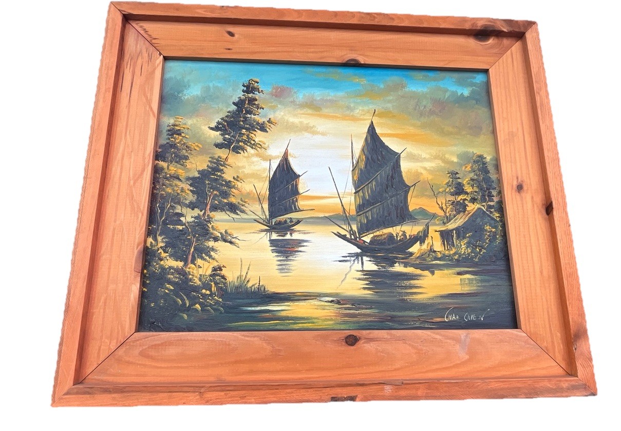 Asian Junk Boat at Sunset Decorative Oil Painting by Chao Chien