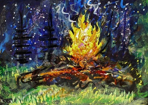 ORIGINAL ACEO Painting CAMPFIRE Night Fire TREES Woods Bonfire Camping ATC ART