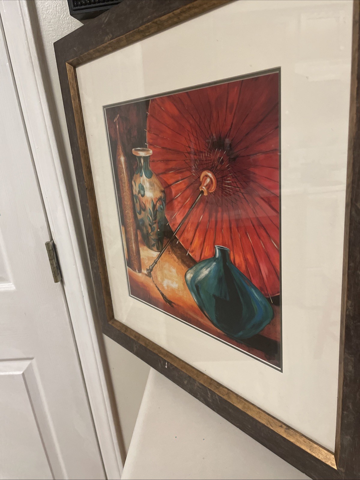 Zen Contemporary Art Print- Vases & Umbrella-Asian Realism. Framed 22.25” X22.2