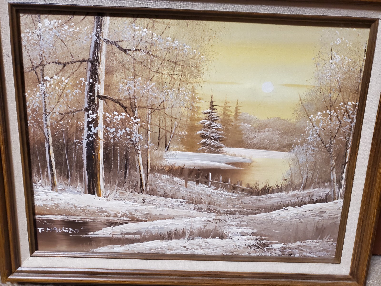 Winter Landscape Scene Hansen Wood Frame 19×15.5″ Tree Lake Snow Pine Forest Sun