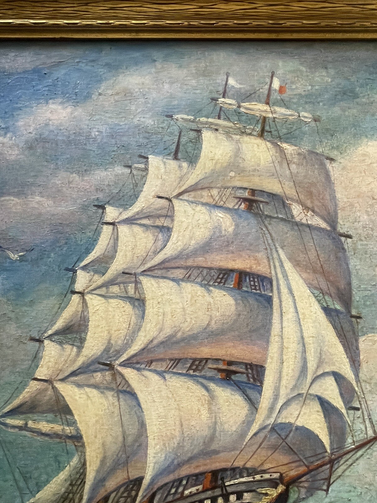 Antique Nautical Painting Seascape American Lighthouse Landscape Coastal Ship