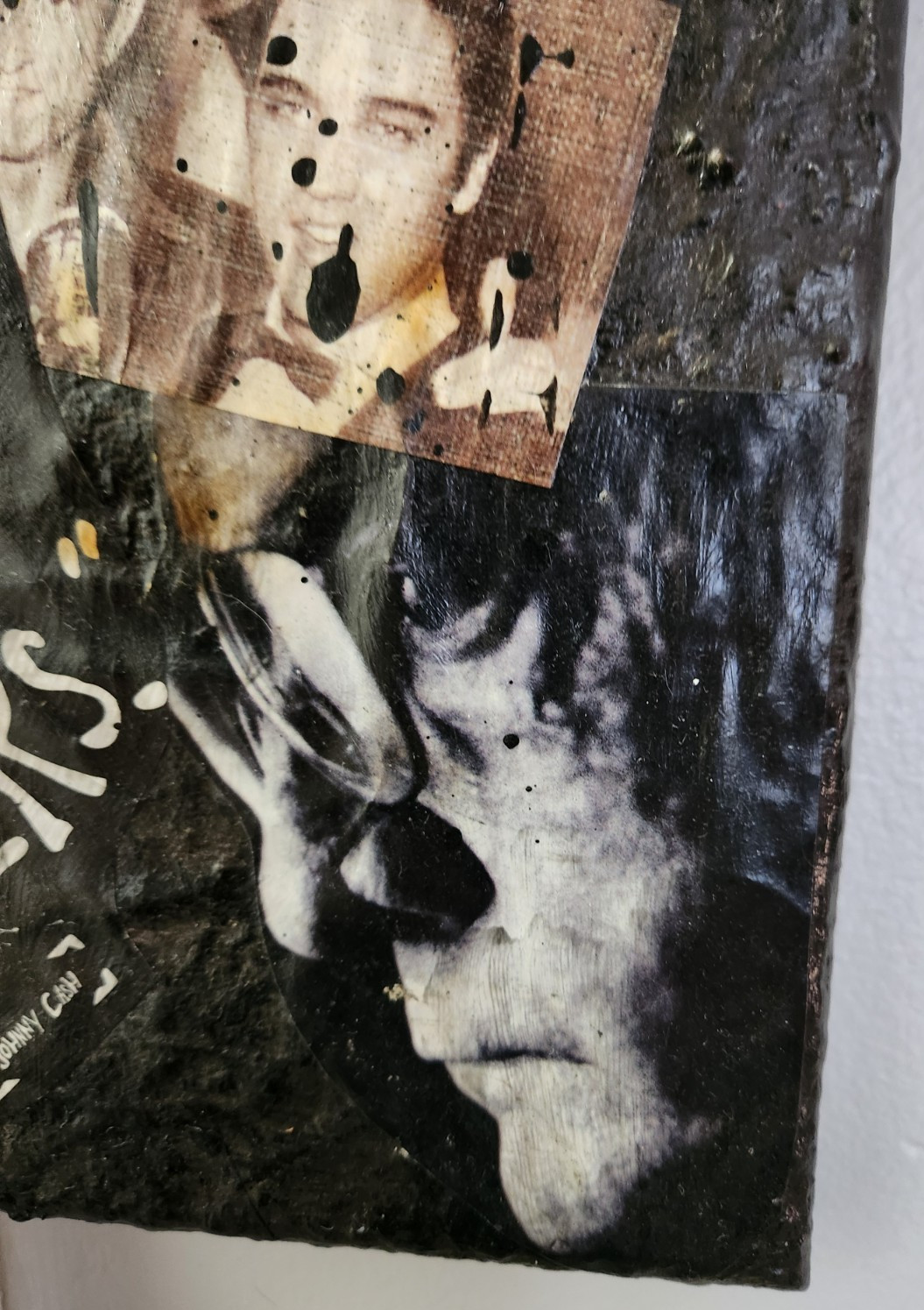 Large Johnny Cash Acrylic Canvas Collage Art. Heavily Textured & Burned! 16X20