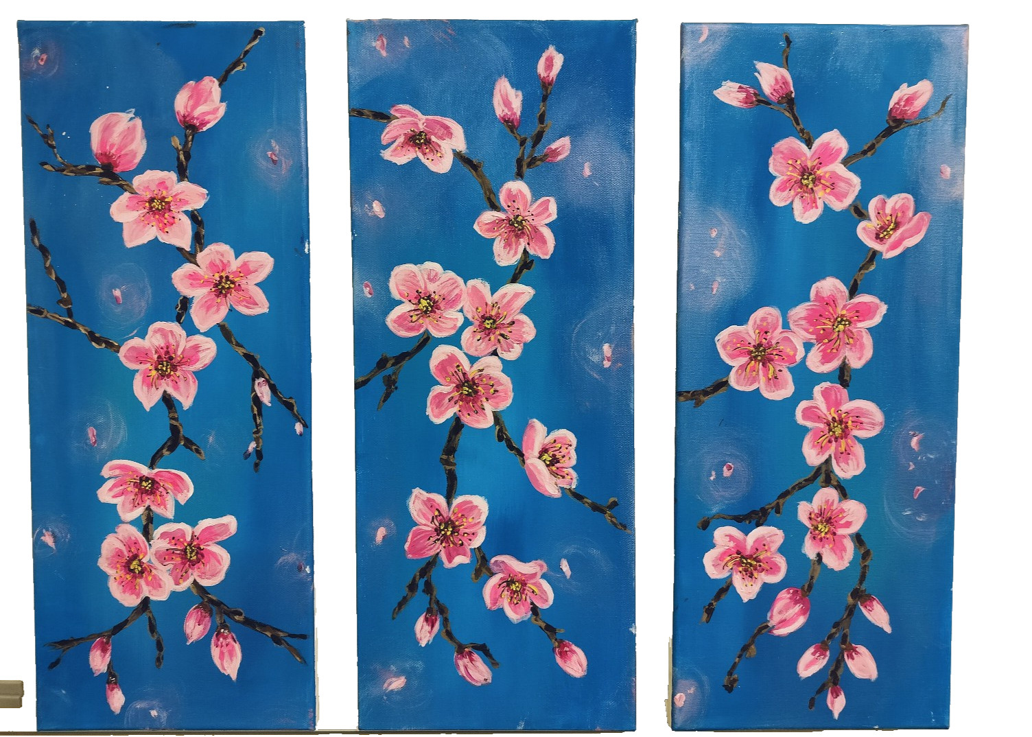Acrylic painting on canvas cherry blossom pink on blue background