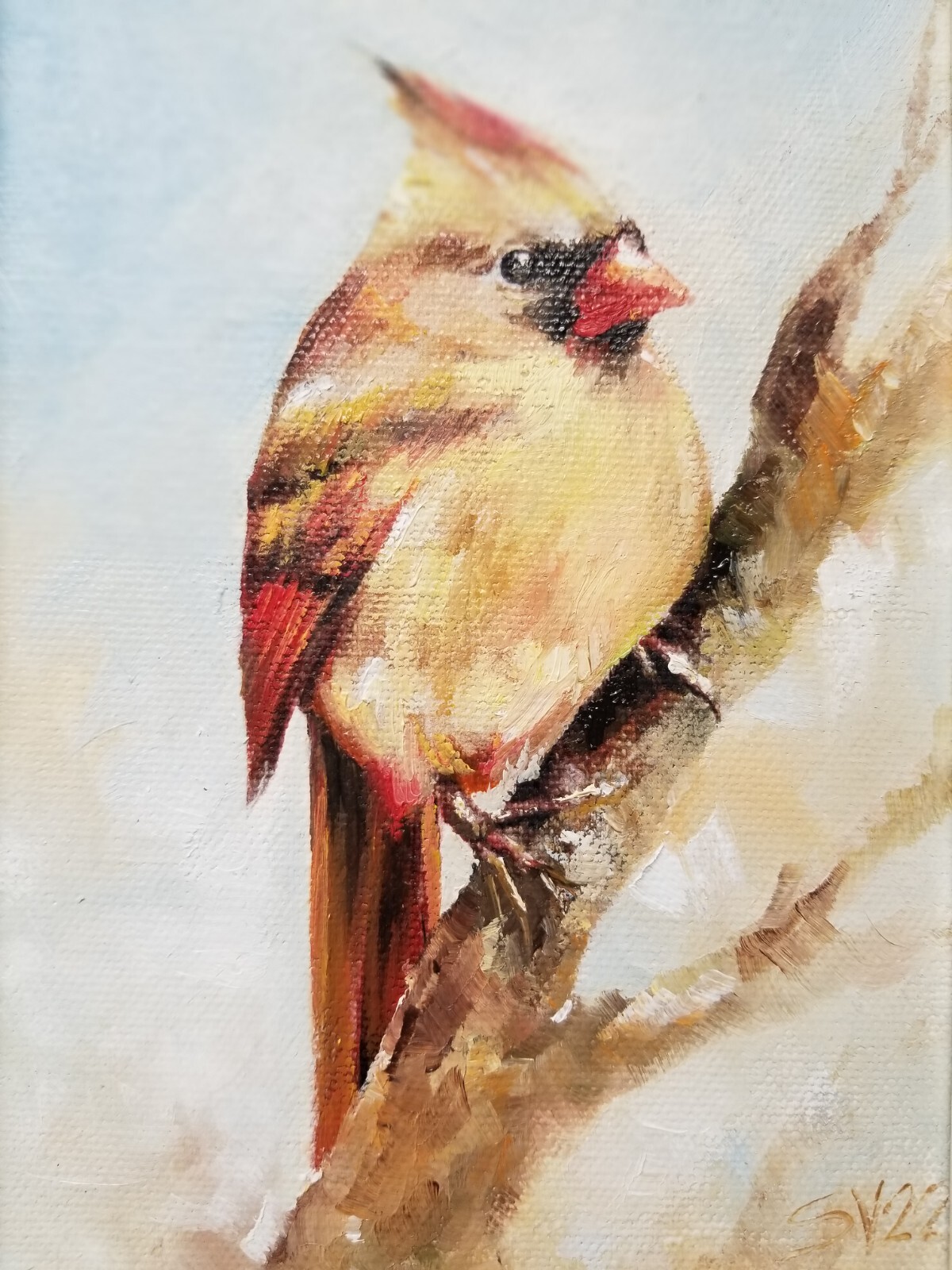 Red Cardinal, Female, Original oil painting Backyard bird. 5″×7″. Framed
