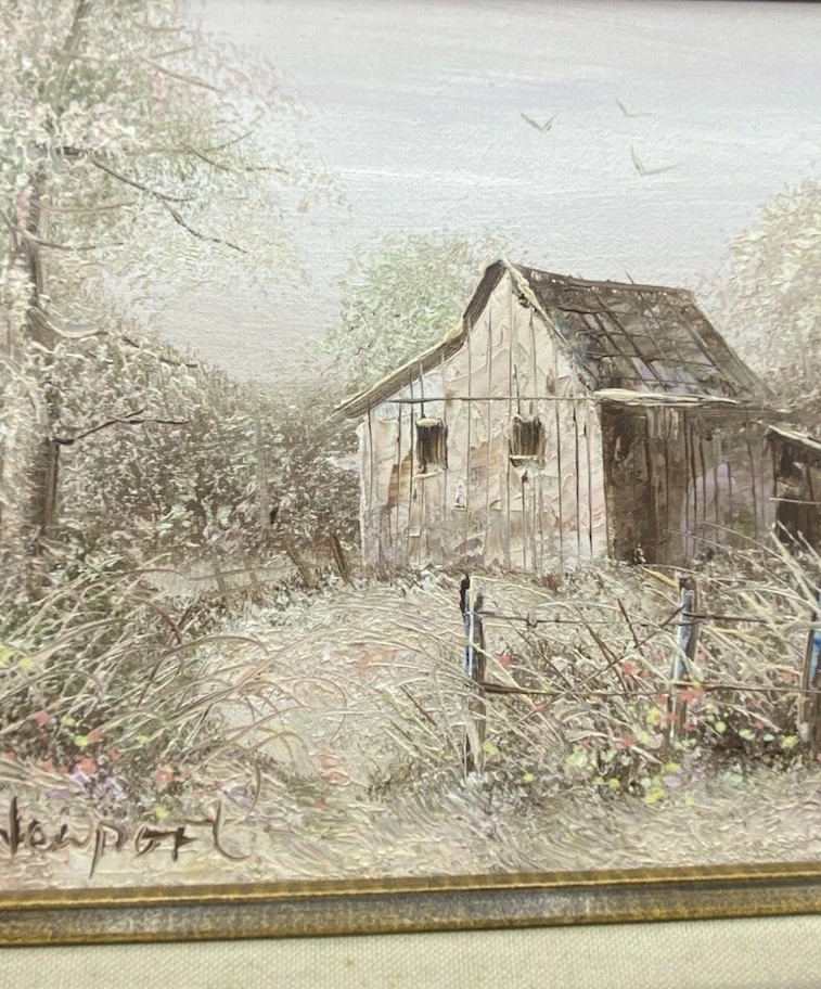 Vintage William Newport Barn Oil Painting Signed Landscape Linen Frame
