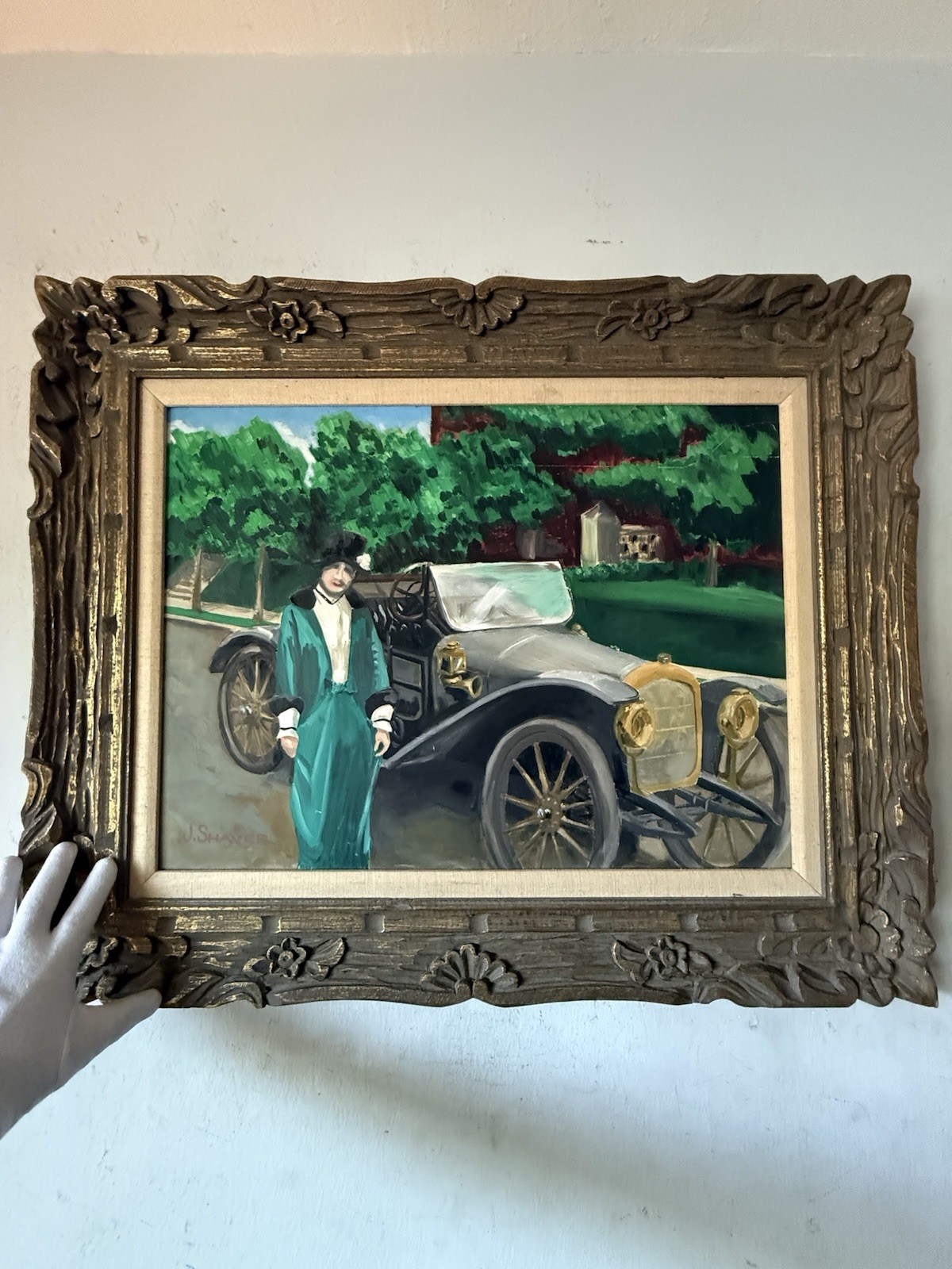 JAMES SHAVER ANTIQUE FIGURATIVE AUTOMOBILE LANDSCAPE OIL PAINTING VINTAGE CAR 40