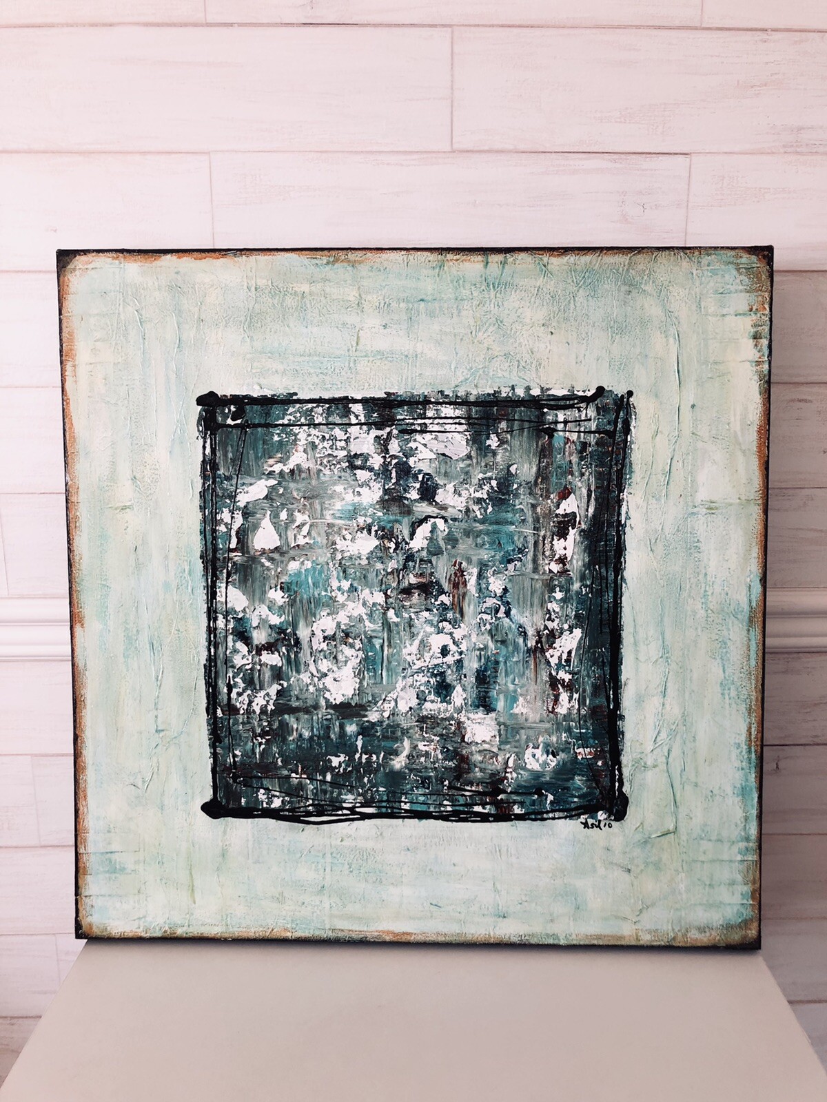 Original Abstract Acrylic Collage Painting By Lisa Carney: “Faded Peppermint”