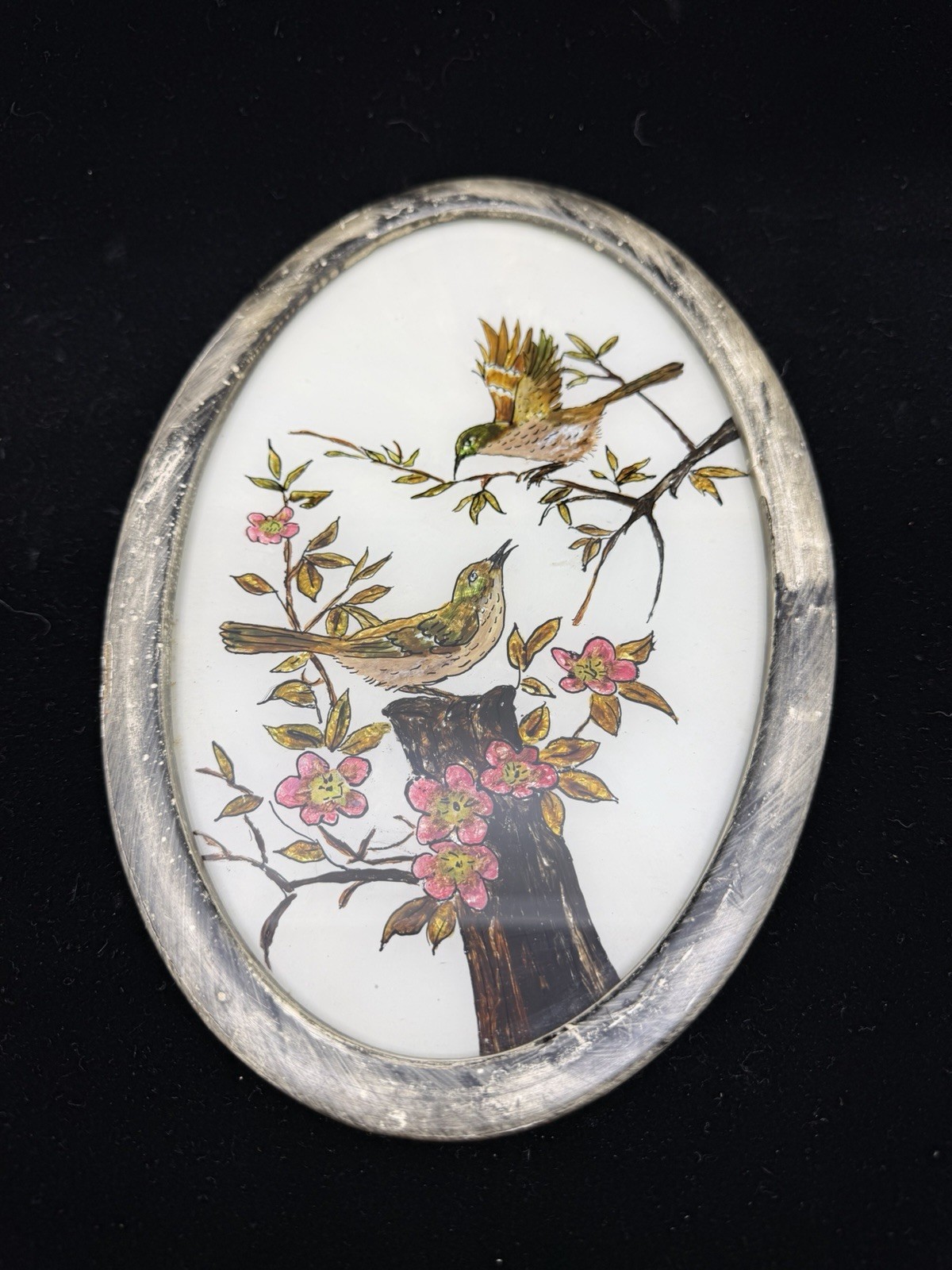 Vintage Framed Aluminum Foil Art, Birds On Floral Branches 10.5” Reverse Painted