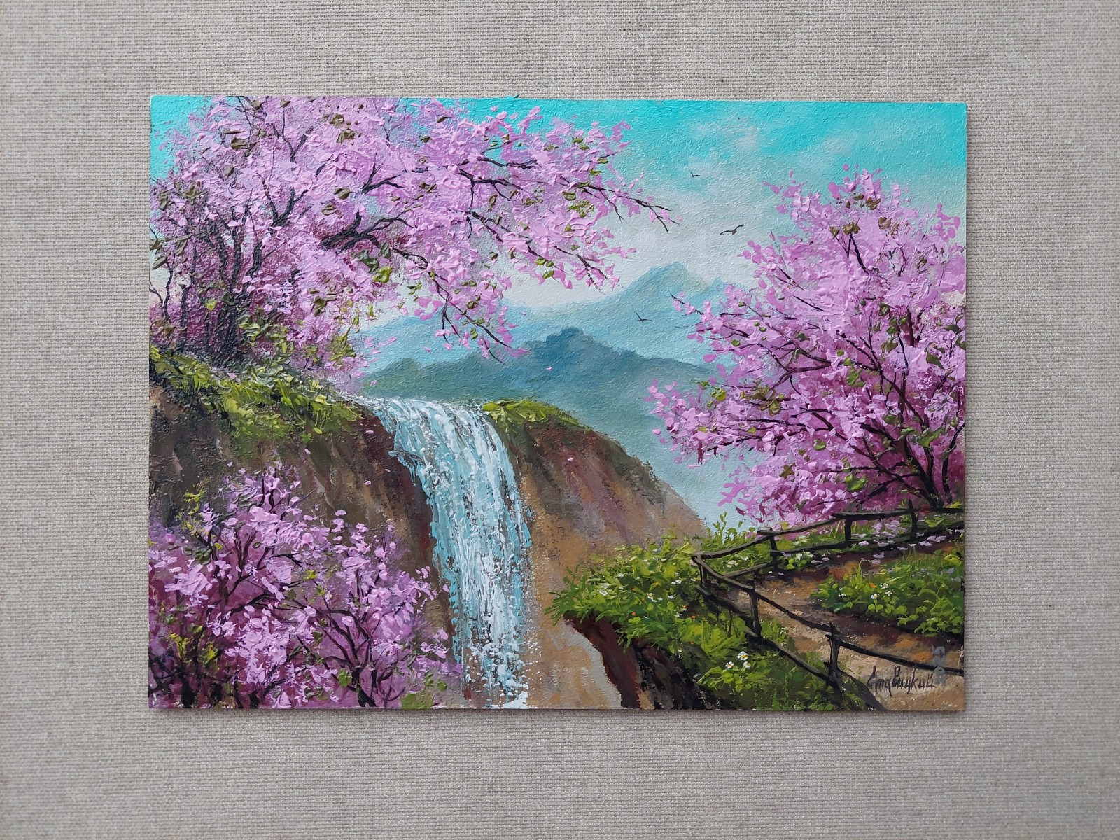 Waterfall near cherry blossoms high quality oil painting, pink sakura flower art