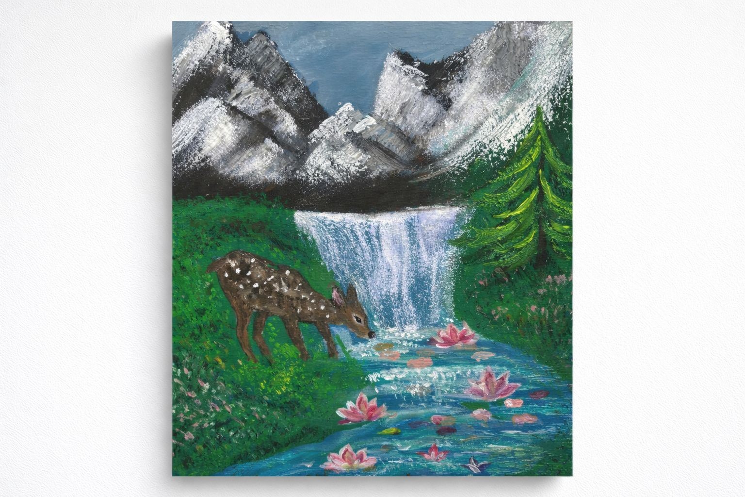 Original Acrylic Painting Deer Waterfall Landscape Art 35x45cm – Hand Painted