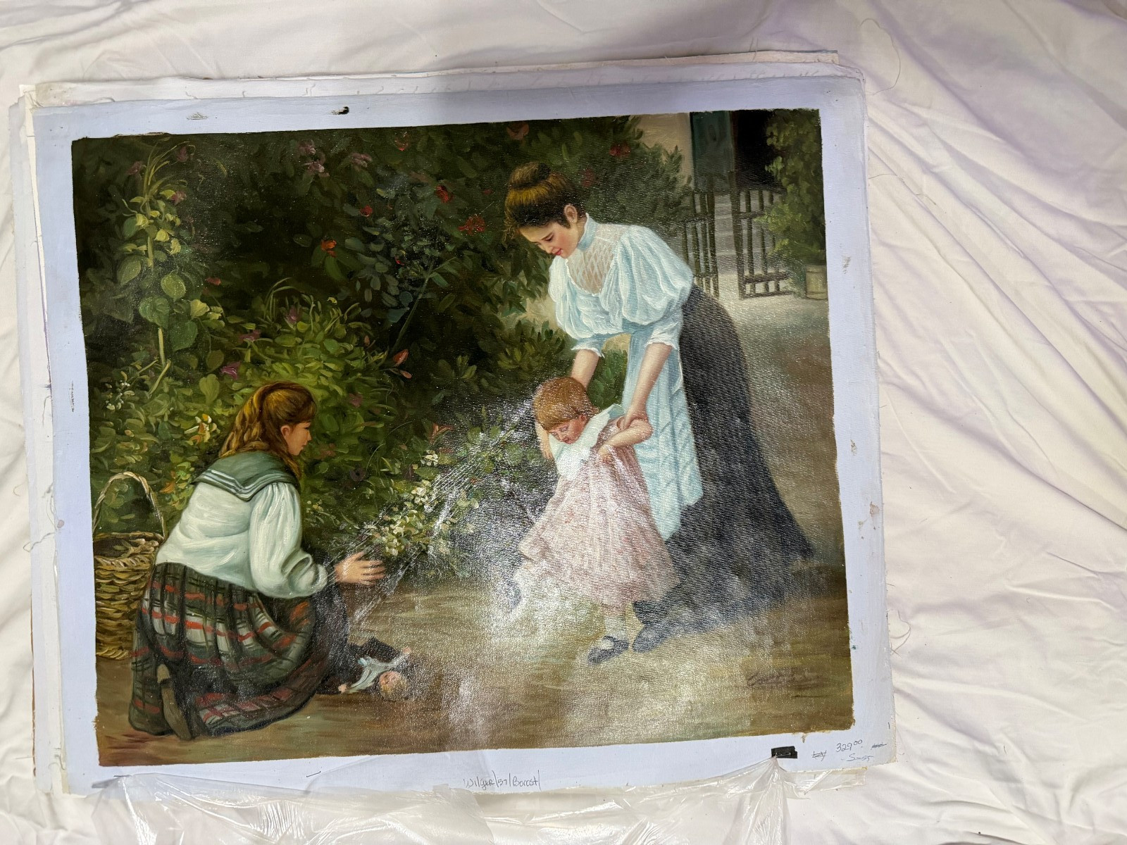 Vintage Mother And Children Garden Scene Oil Painting Figurative Family Artwork