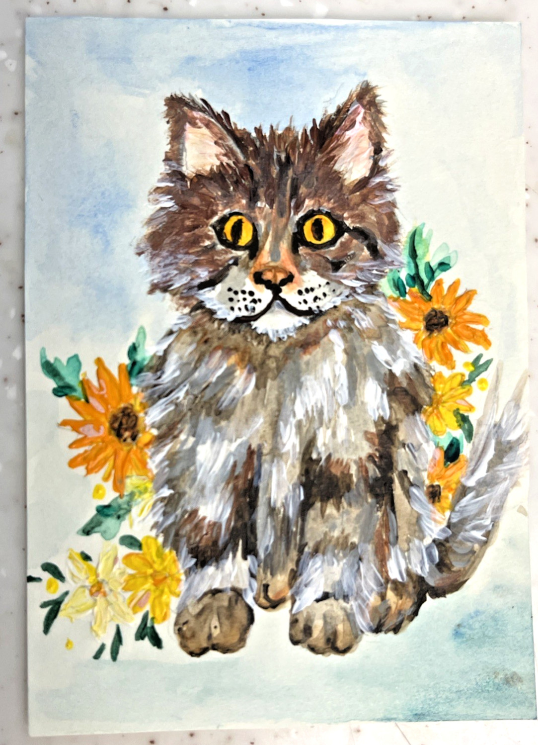 ACEO Art Card Original Garden Cat Acrylic Paint Cat Kitten Miniature Signed