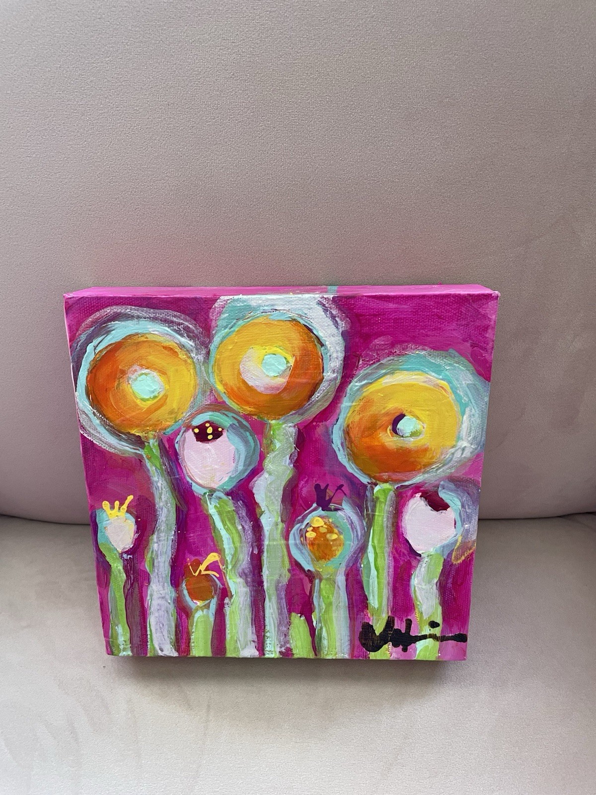 Poppies On Fuscia “ AnOriginal Acrylic Painting 8”x8”x1.5”On Canvas.