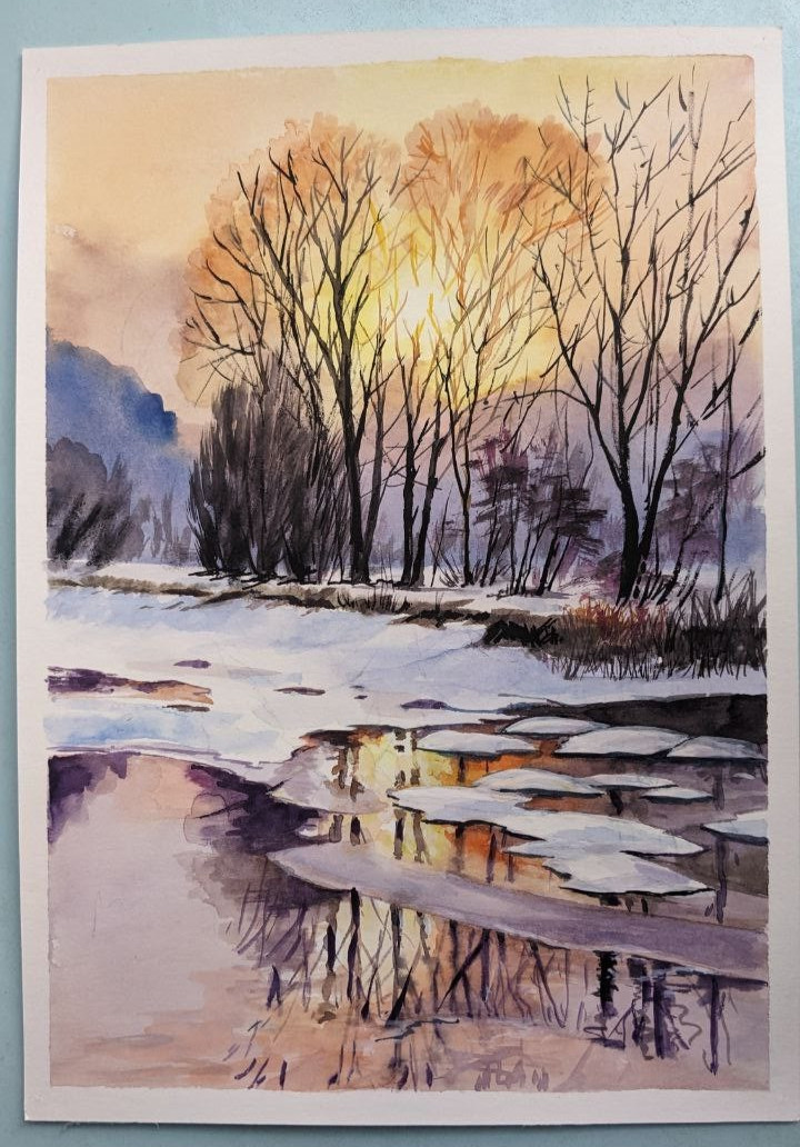 Winter Sunset Landscape Watercolor Painting Snowy Lake Ice Piver Original Art A4
