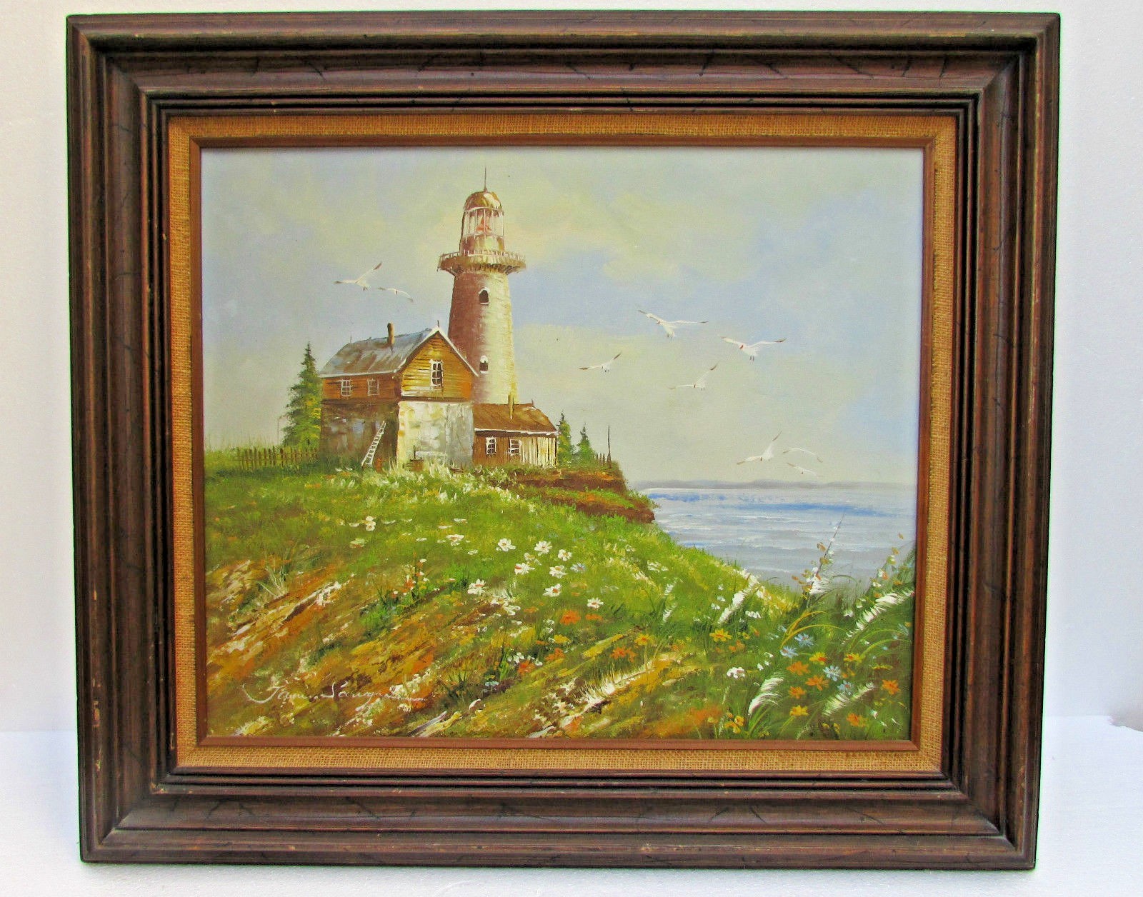 Vintage Light House Oil Painting w Burlap & Wood Frame Signed