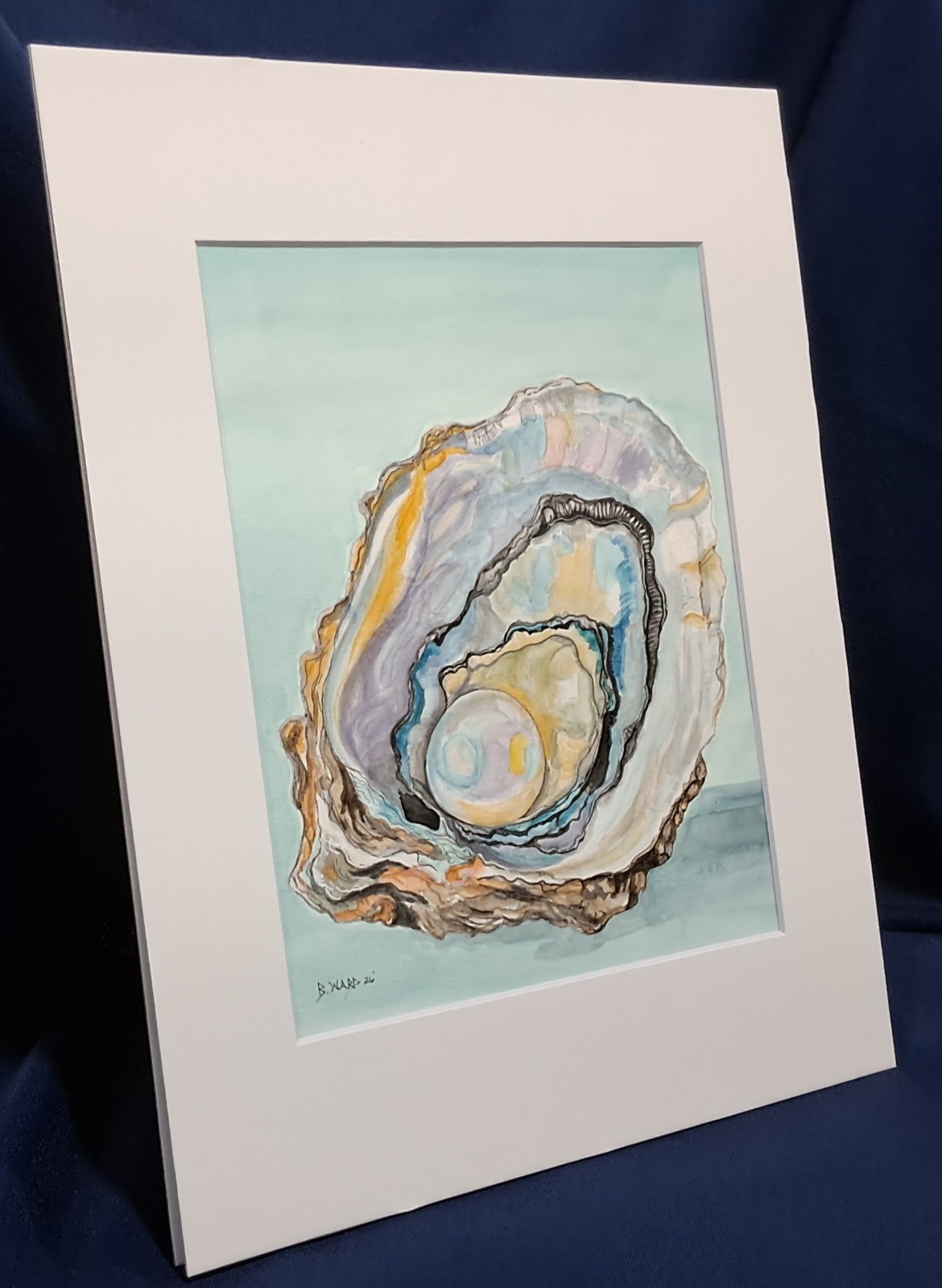 Oyster shell With Pearl Original watercolor 10″ x 8″ in acid free beveled mat