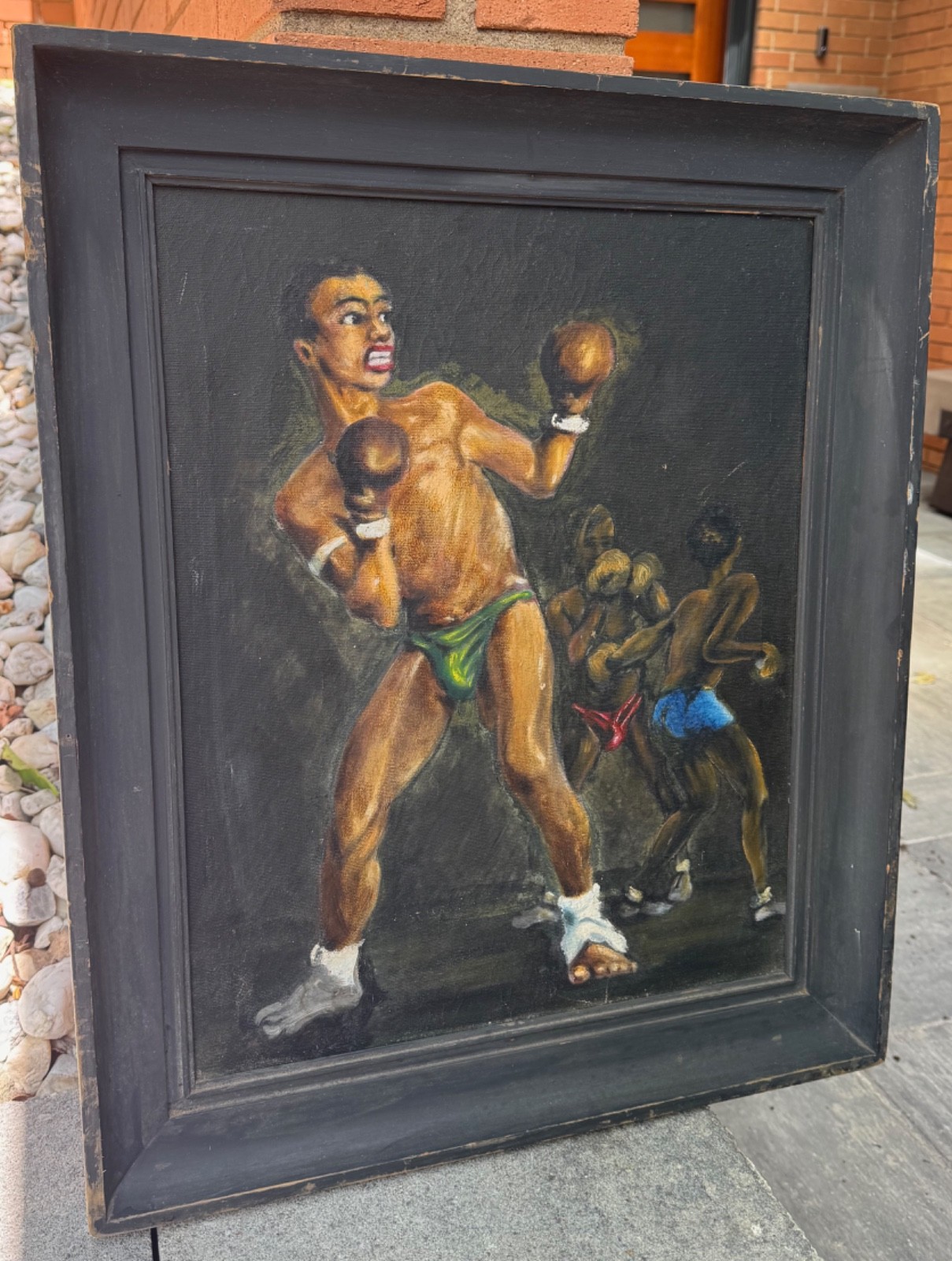 Vintage Framed Boxing Boxers Figural Painting Modern Art Wall Hanging Sports