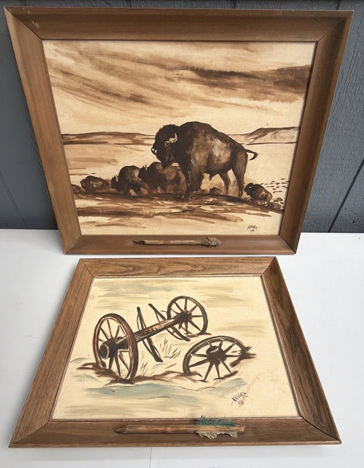 2 Original James Jim Knight Montana Artist 1958 on Canvass Board Western Buffalo