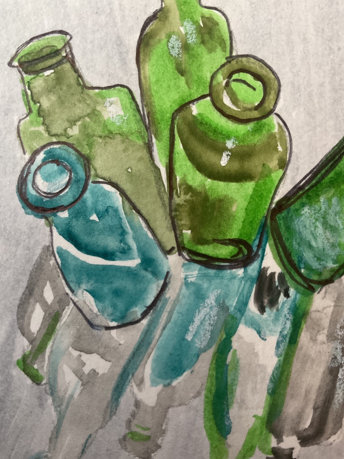 ACEO watercolor art by PJ, art card 2.5 x 3.5: green glass bottles.