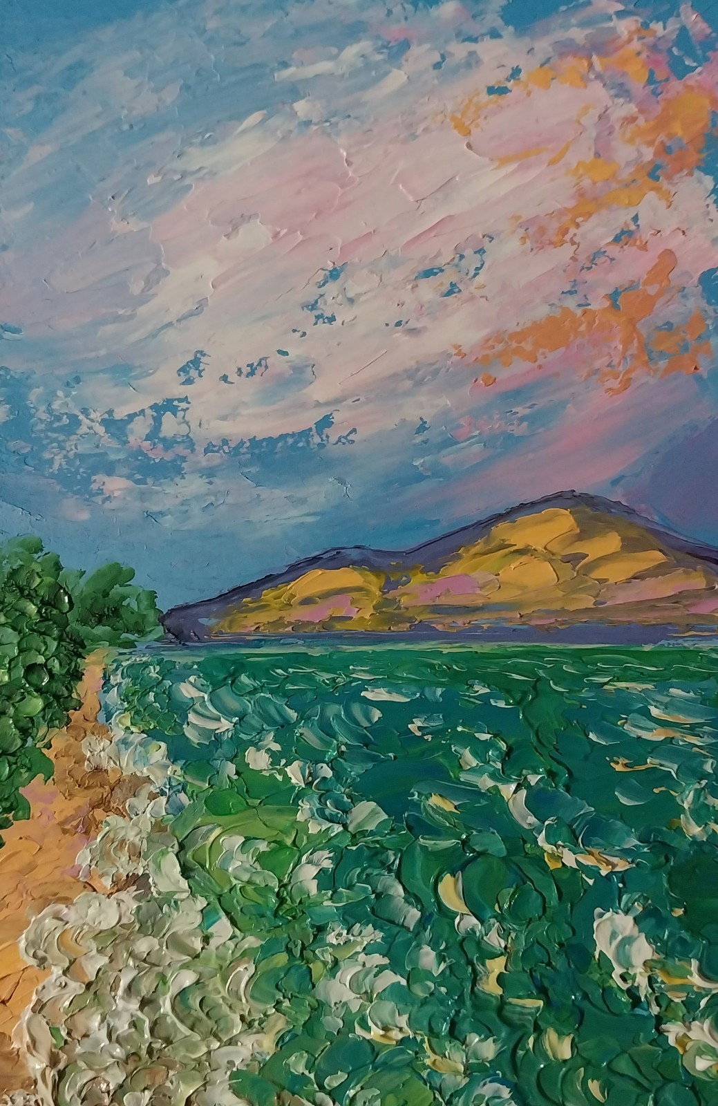 Framed Seascape Green Sea Seacoast Sunset Sky 4×6” Impasto Oil Painting Original