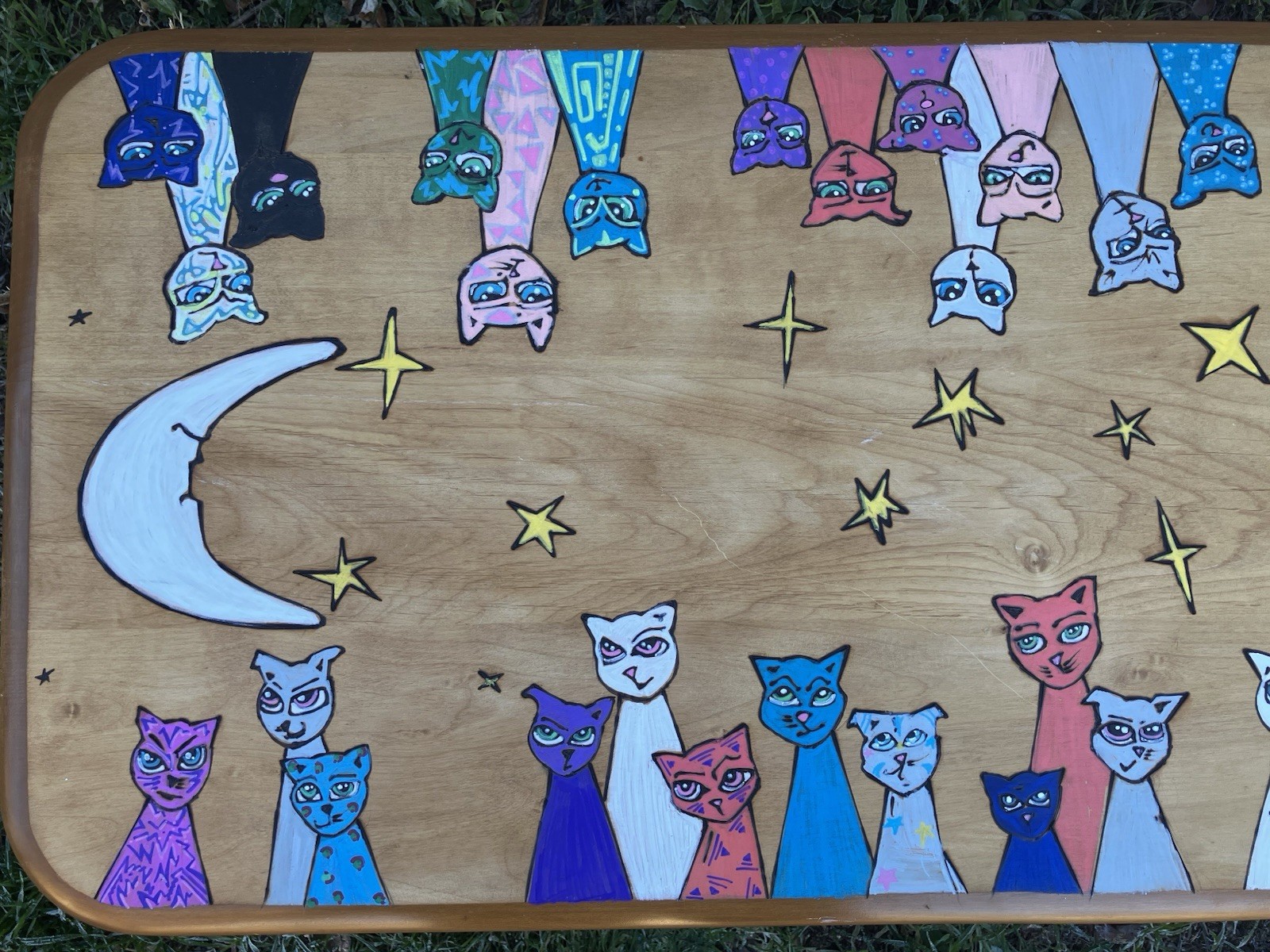 Hand Painted CAT Coffee Table * CATS * Signed Aubri Dunklee * Moon and STAR