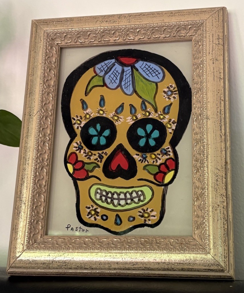 Vibrant Lori Pastor Reverse Glass Sugar Skull Painting 9” x 7” Gold Frame