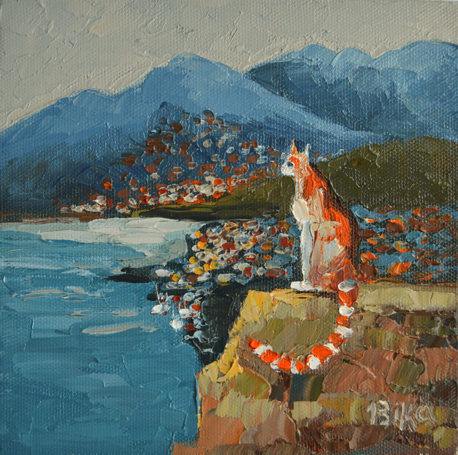 Landscape Painting Red Cat Seaside Oil Artwork Mountains Wall Art Collectible