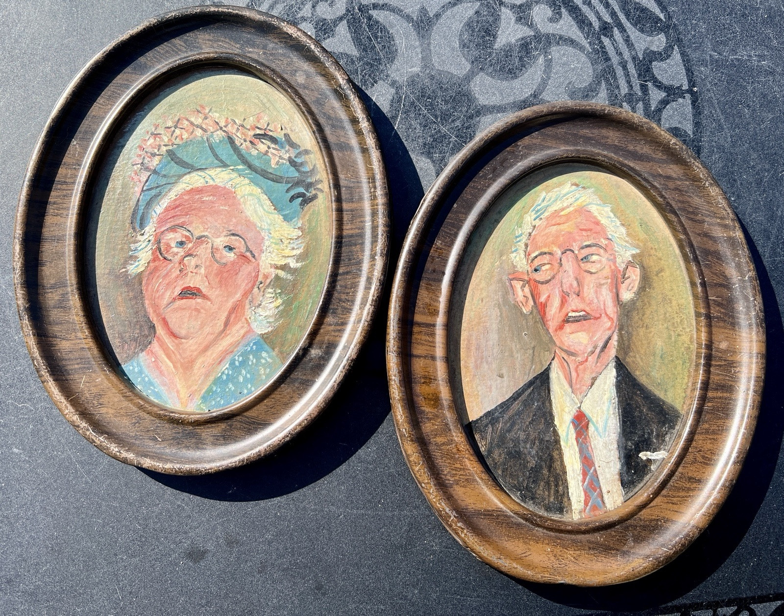 Vtg Oil Painting PAIR – Elderly Woman and Man Portraits Framed – Kitschy Cute !